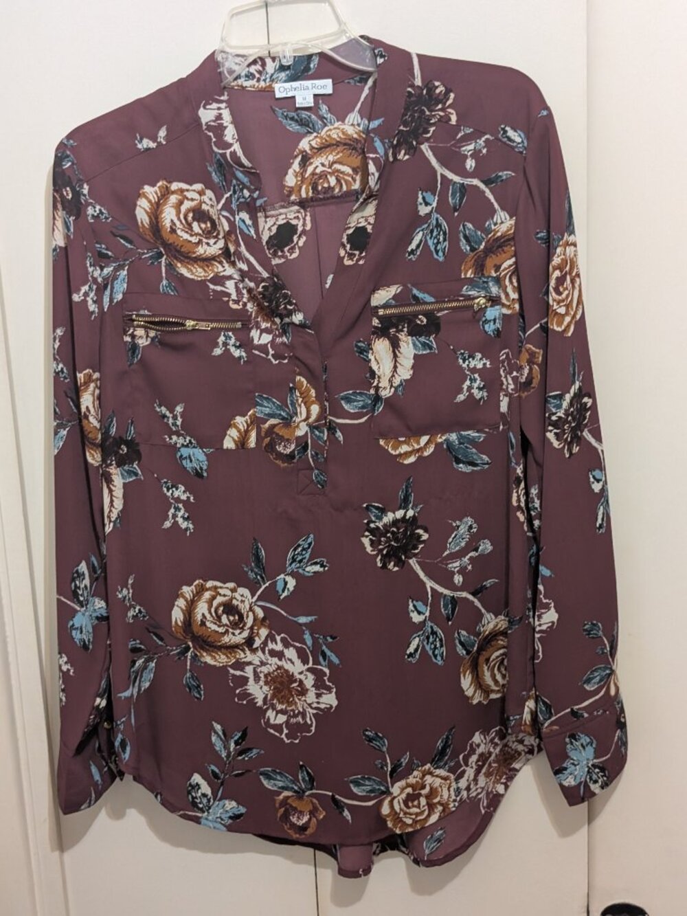 Opehilia Roe blouse - Long sleeves -Zipper pocket -Rose maroon floral -Sz M